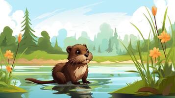 a cute little Muskrat in vector style. Generative AI photo