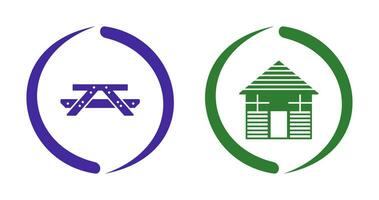 Picnic of Table and Wood Cabin Icon vector
