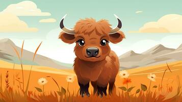 a cute little Bison in vector style. Generative AI photo