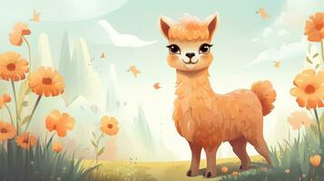 a cute little Alpaca in vector style. Generative AI photo