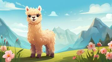 a cute little Alpaca in vector style. Generative AI photo