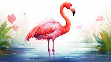 a cute little Flamingo in watercolor style. Generative AI photo