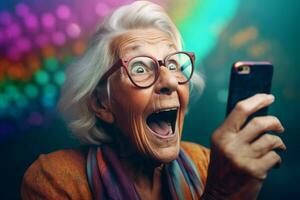 Older grandmother with surprised face looking at smartphone. Generate ai photo