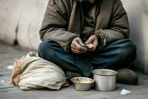 Homeless beggar sits on the street. Generate ai photo