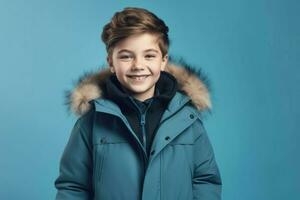 Smiling boy dressed in fashionable winter clothes. Generate ai photo