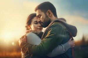 Couple hugging in outdoor daylight. Generate ai photo