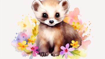 a cute little Ferret in watercolor style. Generative AI photo