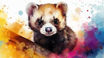 a cute little Ferret in watercolor style. Generative AI photo