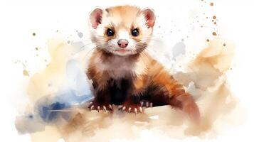 a cute little Ferret in watercolor style. Generative AI photo