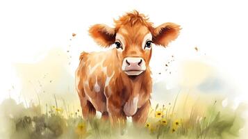 a cute little Cow in watercolor style. Generative AI photo