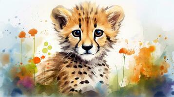 a cute little Cheetah in watercolor style. Generative AI photo