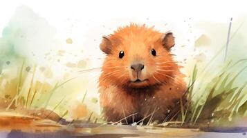 a cute little Capybara in watercolor style. Generative AI photo