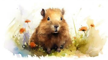 a cute little Capybara in watercolor style. Generative AI photo