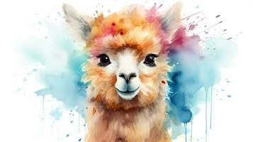 a cute little Alpaca in watercolor style. Generative AI photo