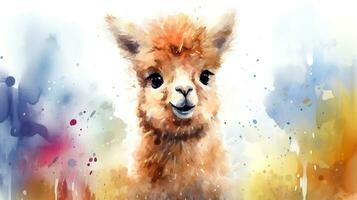 a cute little Alpaca in watercolor style. Generative AI photo