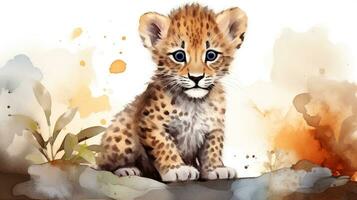 a cute little African Leopard in watercolor style. Generative AI photo