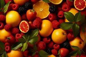 Abundant Fruit background topview. Generate Ai photo