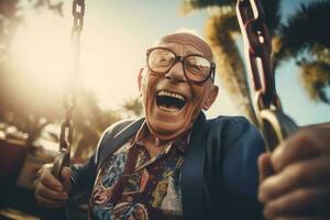 Elderly man having fun on swing. Generate ai photo