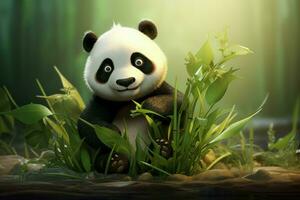 Fluffy Cute panda with bamboo nature. Generate Ai photo