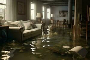 empapado inundado plano interior habitación. generar ai foto