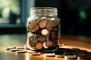Shiny Coins inside glass jar. Generate Ai photo