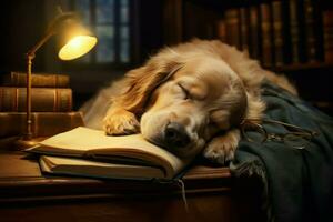 Comfortable Dog asleep reading. Generate Ai photo