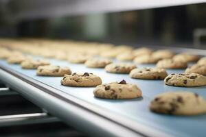 chocolate galletas producción panadería línea sabroso. generar ai foto