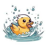 Cute cartoon duckling swimming in the sea. Vector illustration.