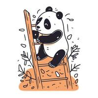 Cute panda sitting on a ladder. Hand drawn vector illustration.