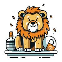 Lion with bottle of water. Vector illustration in doodle style.