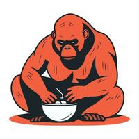 Gorilla eating a bowl of coconut milk. Vector illustration.