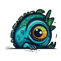 Cute blue monster with big eyes and green leaves. Vector illustration.