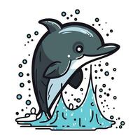 Dolphin jumping out of water. Vector illustration in cartoon style.