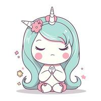 Cute little unicorn girl with closed eyes. Vector cartoon illustration.