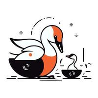 Vector illustration of a flamingo and a bowl of soup. Linear style.