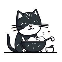 Cute black cat eating soup in a bowl. Vector illustration.