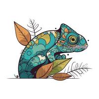 Colorful chameleon with leaves. Hand drawn vector illustration.