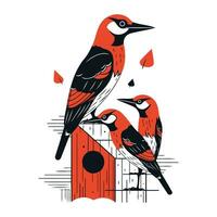 Hand drawn vector illustration of a pair of birds sitting on a birdhouse.