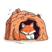 Cute fox sitting in a dog house. Vector illustration isolated on white background.