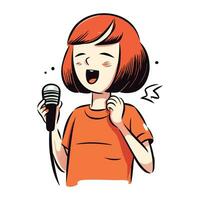 Cute girl singing karaoke with microphone. Vector illustration.