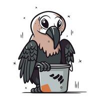 Cute cartoon raven with bucket. Vector illustration on white background.