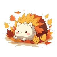 Cute cartoon hedgehog with autumn leaves. Vector illustration on white background.