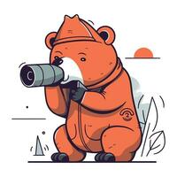 Vector illustration of cute cartoon bear with binoculars in hand.