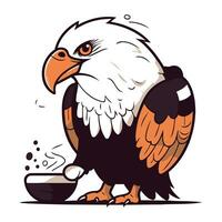 Bald Eagle with a bowl of soup. Vector illustration isolated on white background