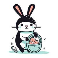 Cute bunny with basket of eggs. Vector illustration in cartoon style.