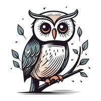 Cute cartoon owl sitting on a branch with leaves. Vector illustration.