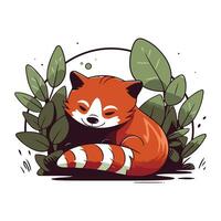 Cute red panda sleeping in the forest. Vector illustration.