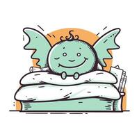 Cute little angel on the bed. Vector illustration of a cartoon character.