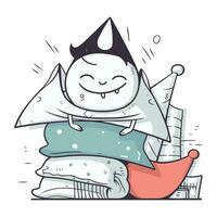 Vector illustration of a cute cartoon cat in a party hat sitting on a pile of pillows.