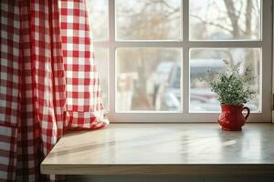 Empty table with red and white checkered curtain at kitchen. Generate Ai photo